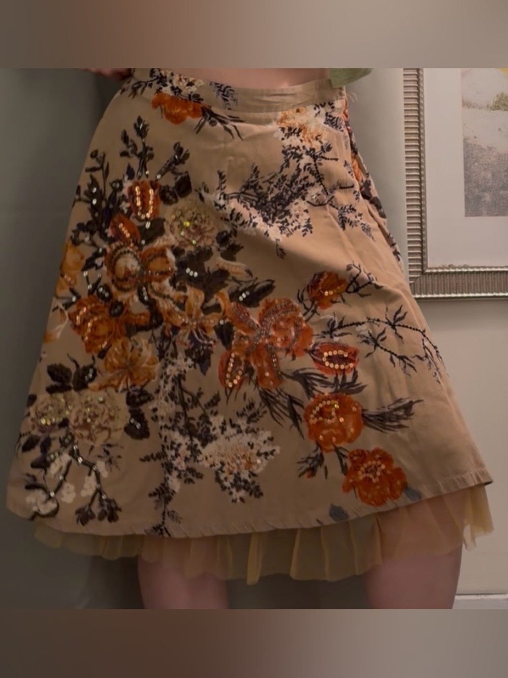 Vintage Embroidered Floral Mini Skirt in Beige with Orange Accents
